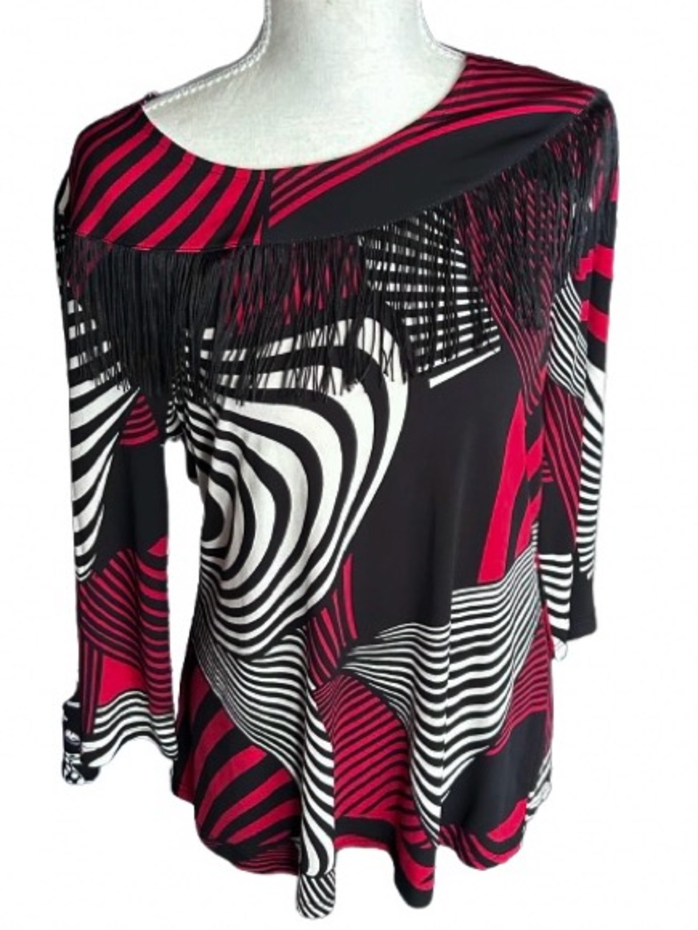 Y2K Fringe REGALIA Red Black White Pattern Spandex 90s Top Shirt Long Sleeved